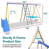 7 in 1 Outdoor Swing Set,A-Frame Heavy-Duty Metal Swing Set with Slide,2 Swing Seats,1 Climbing Net & Ladder,1 Gym Hoop,1 Basket,Safe Swing Set for Kids Playground Backyard Outdoor