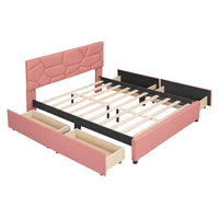 Upholstered Platform Bed with 4 Storage Drawers, Full Size Storage Platform Bed Frame with Brick Pattern Heardboard and Wood Slats Support for Bedroom Dorm Apartment, No Box Spring Needed, Pink