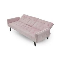Convertible Sofa Bed, Velvet Loveseat Couch with Pillow and 2 Folding Cup Holders, Upholstered Accent Sofa with Adjustable Back and Nailhead Trim for Living Room Bedroom Office, Pink