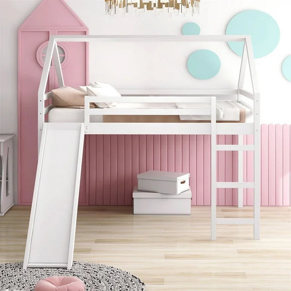 Full Size Loft Bed with Slide, House Shaped Loft Bed Frame with Guardrail and Ladder for Kids Teens Adults, Morden Solid Wood Low Loft Bed Frame with Roof for Bedroom, Can be Decorated, White