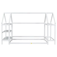 Twin Size Floor Bed for Children, Wooden Montessori Bed Frame with 2 Detachable Stands and Roof Frame, House-Shaped Bed Low Tent Bed for Girls Boys and Teens, White
