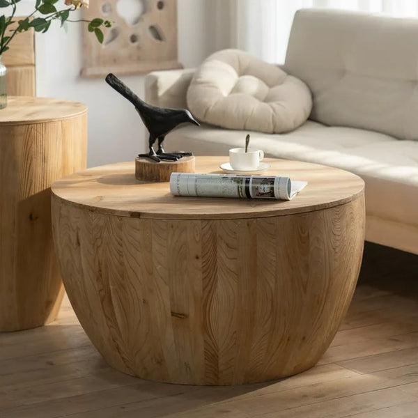 Wood Coffee Table, Natural Round Wooden Coffee Tables Living Room with Storage, Solid Wood Circle Center Table, Modern Farmhouse Furniture Style, Two-piece Set