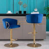 Bar Stools Set of 2,Velvet Counter Height Bar Stools with Chrome Footrest and Gold Base,Swivel Height Adjustable Barstools for Kitchen Island,Pub,Dining Room,Navy