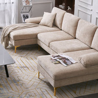 U Shape Sectional Sofa,Modern Large Chenille Fabric Modular Couch,Extra Wide Sofa with Chaise Lounge and Golden Legs for Living Room (113.39”L-Camel)