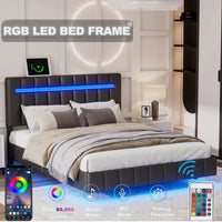 Full Size Floating Bed Frame with LED Lights and USB Charging, Upholstered Headboard Platform Bed, Non-Slip and Noise-Free, Wooden Bed Frame for Kids Teens, Adults,No Box Spring Needed, Black