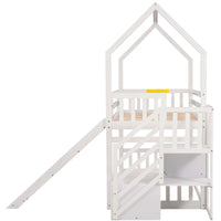 House Bunk Bed with Slide, Twin over Twin Low Bunk Bed Frame with Convertible Storage Staircase and Full-Length Guardrail Wood Stairway Bunk Bed for Kids No Box Spring Needed, Easy Assembly, White