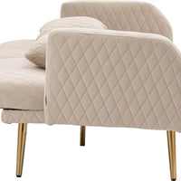 66"Accent Recline Sofa, Velvet Loveseat Sofa, Modern Futon Sofa Bed with 5 Golden Metal Legs, Sleeper Sofa Couch with Two Pillows, Convertible Loveseat for Living Room and Bedroom, Beige