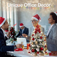 Pre-Lit Mini Christmas Tree 24'' Tabletop Christmas Tree with LED Lights and Hanging Ornaments Small Flocked Snow Xmas Tree for Table Top Home Office Holiday Decoration, Red