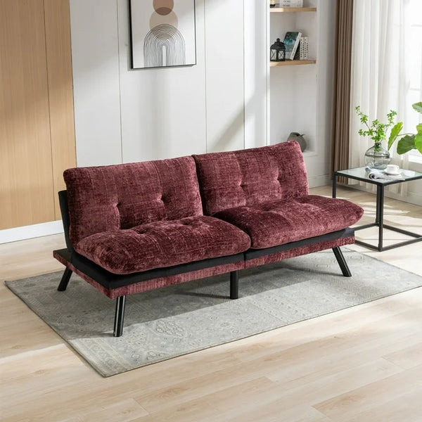 Chenille Fabric Futon Sofa Bed, Modern Convertible Sleeper Sofa Loveseat with Adjustable Backrest and 6 Sturdy Legs, Upholstered Loveseat Couch Sofa for Living Room, Office, Wine Red
