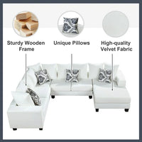Modern 7 Seater Modular Sofa, U Shape Sectional Couch with 4 Unique Pillows and Chaise Lounge, Velvet Corner Couch for Living Room, Office, White