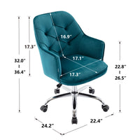 Comfy Desk Chair with Arm, Small Home Office Chair with Wheels Modern Velvet Swivel Shell Chair Vanity Chair with Tufted Back & Metal Base Adjustable Height Swivel Task Chair Make Up Chair, Teal