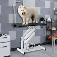42.5 Inch Hydraulic Pet Dog Grooming Table Upgraded Professional Drying Table Heavy Duty Stainless Steel Frame with Adjustable Arm and Noose 400lbs Capacity Height Range 21-36 Inch, Black White