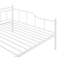 Full Size Daybed with Twin Size Adjustable Trundle, Metal Steel Bedframe with 4 Wheels and Portable Folding for Bedroom Guestroom, No Box Spring Required, Line Pattern, White