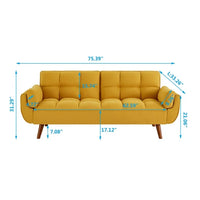 76" Linen Futon Sofa Bed with Adjustable Backrest, Upholstered Loveseat Couch with Solid Wood Legs and 2 Pillows, Convertible Sleeper Sofa for Small Space Living Room Bedroom Office, Yellow