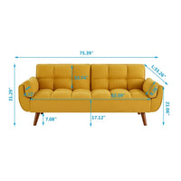76" Linen Futon Sofa Bed with Adjustable Backrest, Upholstered Loveseat Couch with Solid Wood Legs and 2 Pillows, Convertible Sleeper Sofa for Small Space Living Room Bedroom Office, Yellow