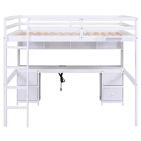 Full Size Loft Bed with Charging Station Multifunctional Loft Bed with Desk, Cabinets, Drawers and Bedside Tray, Solid Wood Loft Bed Frame with Built-in Ladder and Full-Length Guardrails, White