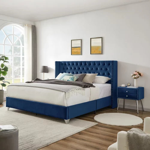 King Size Velvet Upholstered Bed Frame with Two Nightstands, Button Designed Headboard, Strong Wooden Slats, Metal Legs with Electroplate, No Box Spring Needed