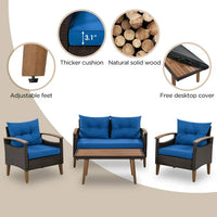 4-Piece Outdoor Sofa Set, PE Rattan Patio Sofa Set with 2 Single Chair, 1 Loveseat and 1 Wood Table, Patio Furniture Set with Solid Legs for Pool Side,Backyard,Garden, Blue