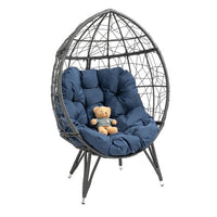 Oversized Rattan Wicker Egg Chair, Patio Egg Basket Chair with Soft Cushion, Teardrop Cuddle Seat & Sturdy Steel Frame, for Living Room, Backyard, Balcony, Patio,Navy Blue