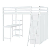 Full Size Loft Bed with Desk and Wardrobe, Solid Wood Loft Bed Frame with Inclined Ladder and Full-Length Guardrail, Loft Bed with Desk and Storage for Kids Teens Girls Boys Bedroom Dorm, White