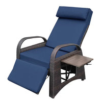 Patio Lounge Chair, PE Wicker Adjustable Outdoor Recliner Chair with Flip-Up Side Table, Reclining Chair with Removable Soft Cushion, for Garden Backyard Poolside,Blue