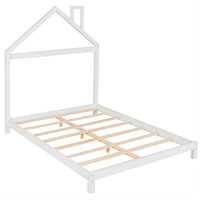 Full Size Platform Bed Wood Platform Bed with House-shaped Headboard Low Floor Bed Platform Bed with Solid Wood Slats, Montessori Bed for Boys Girls, No Box Spring Needed, White