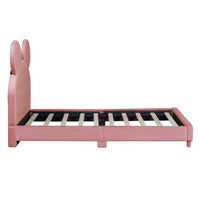 Twin Size Upholstered Toddler Bed with Bear Ear Shaped Headboard, Velvet Fabric Low Platform Bed with Wood Slat Support, Twin Size Bed for Kids, Girls, Boys, Pink