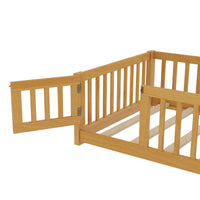 Triple Tree Twin Size Bed Floor Bed with Safety Guardrails and Door for Kids, Natural