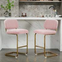 Mid-Century Modern Counter Height Bar Stools Set of 2, Upholstered Boucle Fabric Counter Stools, Armless Bar Chairs with Gold Metal Chrome Base for Kitchen Bar Dining Room, Pink