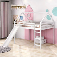House Loft Bed with Slide, Full Size Wooden Bed Frame with Full-Length Guardrail & Ladder & Under Bed Storage Space, Multifunctional Playhouse Loft Bed for Boys Girls, No Box Spring Needed, White