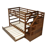 Hardwood Twin-Over-Twin Bunk Bed with Twin Size Trundle, 3 Storage Stairs and Full-length Guardrail, Solid Wood Bunk Bed for Kids Adult, 94.4"L x 42.4"W x 61.4"H, Walnut