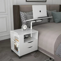 Upgraded Wooden Nightstand with Swivel Top, Height Adjustable Overbed End Table with Storage Drawers, Wheels and Open Shelf, Multifunctional Bedside Table Laptop Cart with Wheels, White