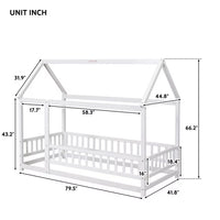 Twin Floor Bed for Kids, Wooden House Bed Frame with Roof, Fence Guardrails, Montessori Bed for Toddlers Girls Boys, White