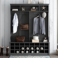 60" Wide Coat Rack with Black Metal Hooks,Hall Tree with Entryway Bench and 24 Shoe Cubbies,Hallway Storage Cabinet for Hallway Living Room Bedroom