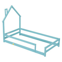 Twin Size Floor Bed, Wooden Montessori Bed Fence Bed with House Shape Headboard, Wood House Bed Platform Bed, for Boys Girls, Low to Ground Height, No Box Spring Needed, ight Blue