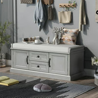 Storage Bench with 2 Drawers and 2 Cabinets, Shoe Bench Under Window Bench with Storage & Velvet Removable Cushion, Wooden Organizer Storage Bench for Living Room Entryway Front Door, Gray Wash