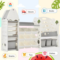 Kids Book Shelf Toy Storage Organizer,Storage Rack with 17 Bins and 4 Bookshelves, Multi-functional Nursery Organizer Set,Toy Storage Cabinet,Bookcase Display Book Rack for Bedroom Playroom