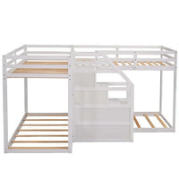 Twin Over Twin L-Shaped Bunk Bed with Built-in Middle Staircase and Storage, Wood Bunk Beds for 4, No Box Spring Needed, White