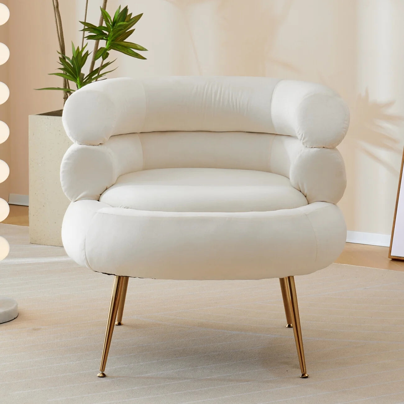 Accent Chair with Ottoman, Velvet Upholstered Barrel Chair and Ottoman Set for Loving Room, Modern Comfy Armchair and Footrest with Metal Legs for Living Room, Bedroom, Reading Room, White