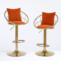 Swivel Bar Chair Set of 2 with Toss Pillow and Seat Cushion, 2 Piece Velvet Adjustable Bar Stool with Gold Base and Footrest, Kitchen Island Stools with Curved Back, Suitable for Dinning room, Orange