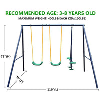 Outdoor Swing Set with Two Adjustable U-Shape Swing Seats and Glider, Heavy Duty A-Frame Swing Stand with 400LBS Weight Capacity, Recreation Playground Large Swing Frame for Ages 3 to 8 Years