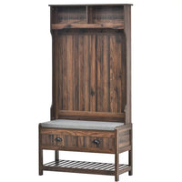 Hall Tree with 2 Drawers and 2 Shelves, 69" Hall Tree with 4 Hooks and Hinged Lid, Entryway Wooden Coat Rack Shoe Bench with Bottom Shelf for Living Room Entrance Hallway, Tiger