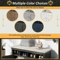 Storage Bench, Rustic Style 2-Door Storage Bench with 4 Small Storage Spaces and Linen Upholstered Top Cushion, Wood Storage Bench for Entryway, Foyer or a Mudroom, Dark Gray & Beige