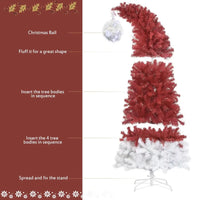 6FT Christmas Tree, Hinged Fraser Fir Artificial Fir Bent Top Christmas Tree,Xmas Tree,Bendable Santa Hat Style Christmas Tree, Holiday Decoration with 1,250 Lush Branch Tips,300 LED Lights, Red