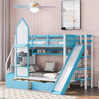 Wood Bunk Bed, Twin-Over-Twin Castle Style Bunk Bed with 2 Drawers and 3 Shelves, Playhouse Inspired Bunk Bed with Slide and Storage Staircase, No Box Spring Needed, Blue