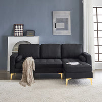 85" Burlap Fabric Sectional Sofa Couch with Reversible Chaise, L-Shape Couch with Bolster Pillows and Metal Legs, 3 Seats Futon Couch Sofa for Living Room Apartment Small Space, Black