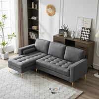 85" Burlap Fabric Sectional Sofa Couch with Reversible Chaise, L-Shape Couch with Bolster Pillows and Metal Legs, 3 Seats Modular Sofa for Living Room Apartment Small Space, Dark Gray