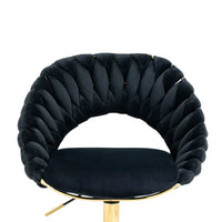 Velvet Office Chair with Hand Woven Backrest,Adjustable Swivel Accent Armchair,Upholstered Tufted Vanity Chair with Gold Base,Ergonomic Study Chair Computer Desk Chair for Living Room Bedroom,Black