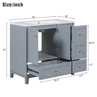 36 Inch Bathroom Vanity with Sink and USB Charging, Freestanding Floor Storage Vanity Cabinet with 2 Doors and 3 Drawers, Small Single Combo Cabinet-Faucets Not, White & Gray Blue