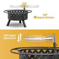 Fire Pit, 30in Round Wood Burning Fire Pit Outdoor Fireplace with with Cooking Grill Firepit, Grill Adjustable Cooking Grate Firepits for Patio/Backyard/Bonfire, Black